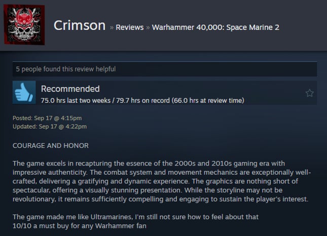 Screenshot of the article titled Warhammer 40,000: Space Marine 2, As Reported by Steam Reviews